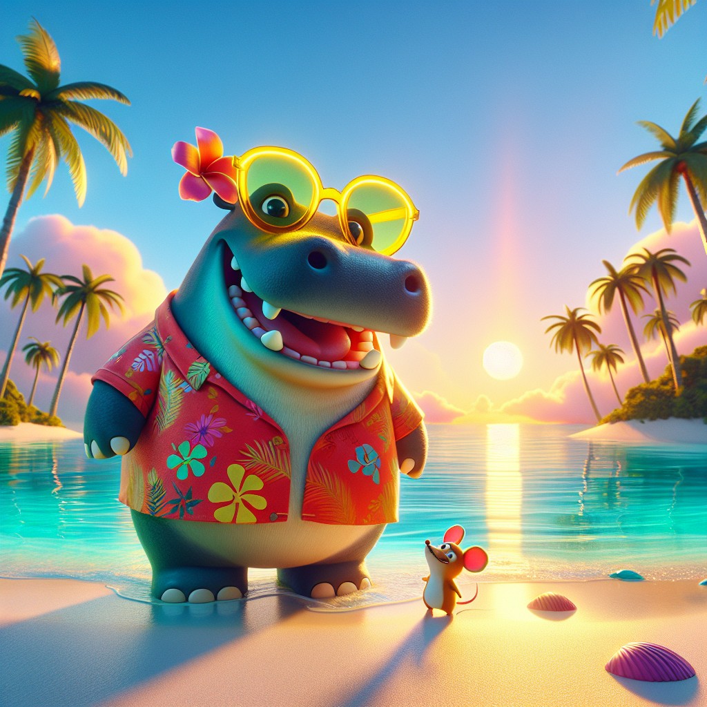 Exemple d'image générée par IA avec GPT-Image mini : hippopotame en chemise hawaïenne sur une plage