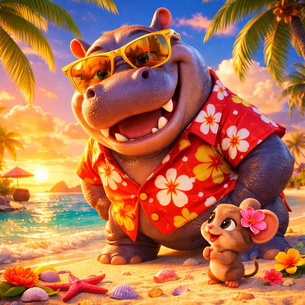 Exemple d'image générée par IA avec GPT-Image : hippopotame en chemise hawaïenne sur une plage