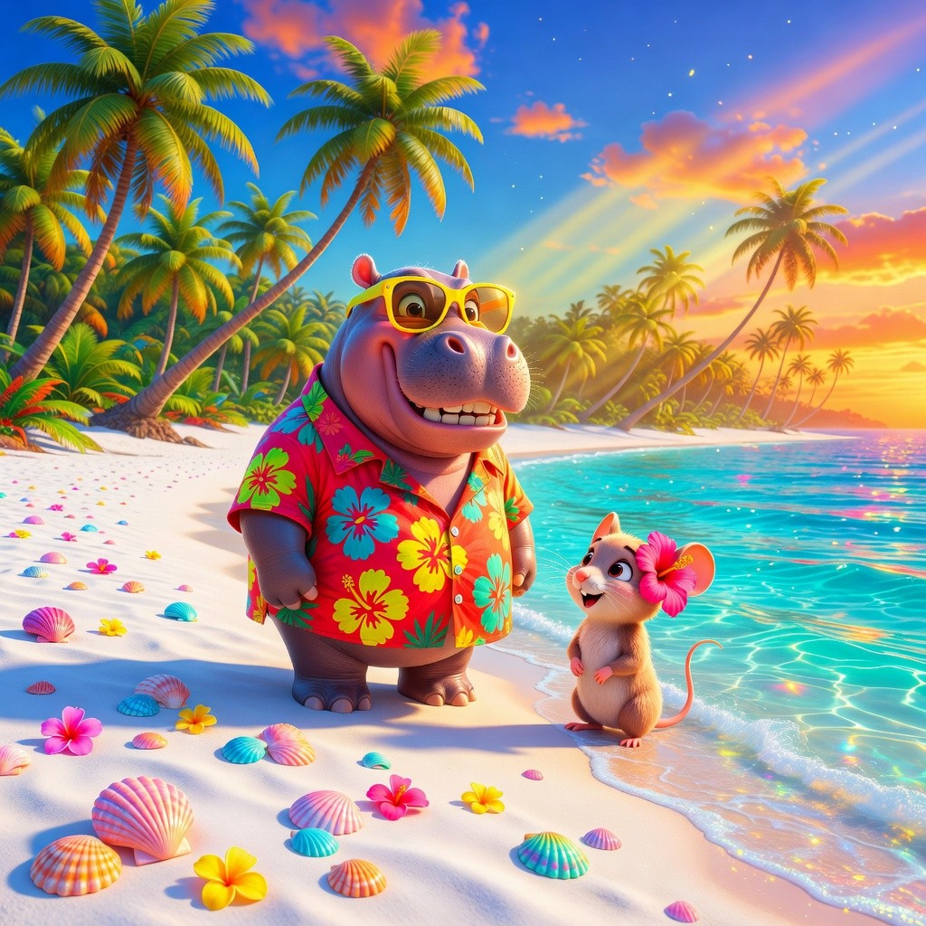 Exemple d'image générée par IA avec Grok Imagine : hippopotame en chemise hawaïenne sur une plage