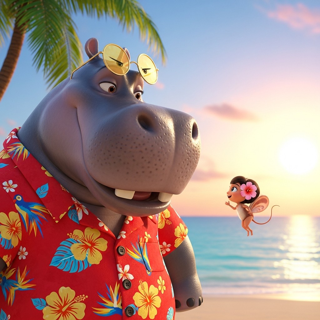 Exemple d'image générée par IA avec Gemini Image : hippopotame en chemise hawaïenne sur une plage